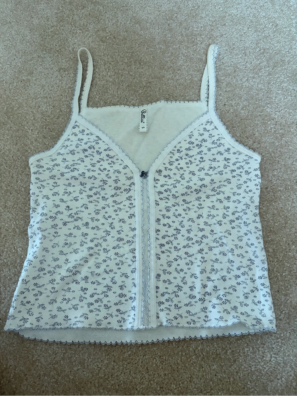 Pretties Venice Delicate Floral Lace-Trim Cami Tank - White with Navy Floral